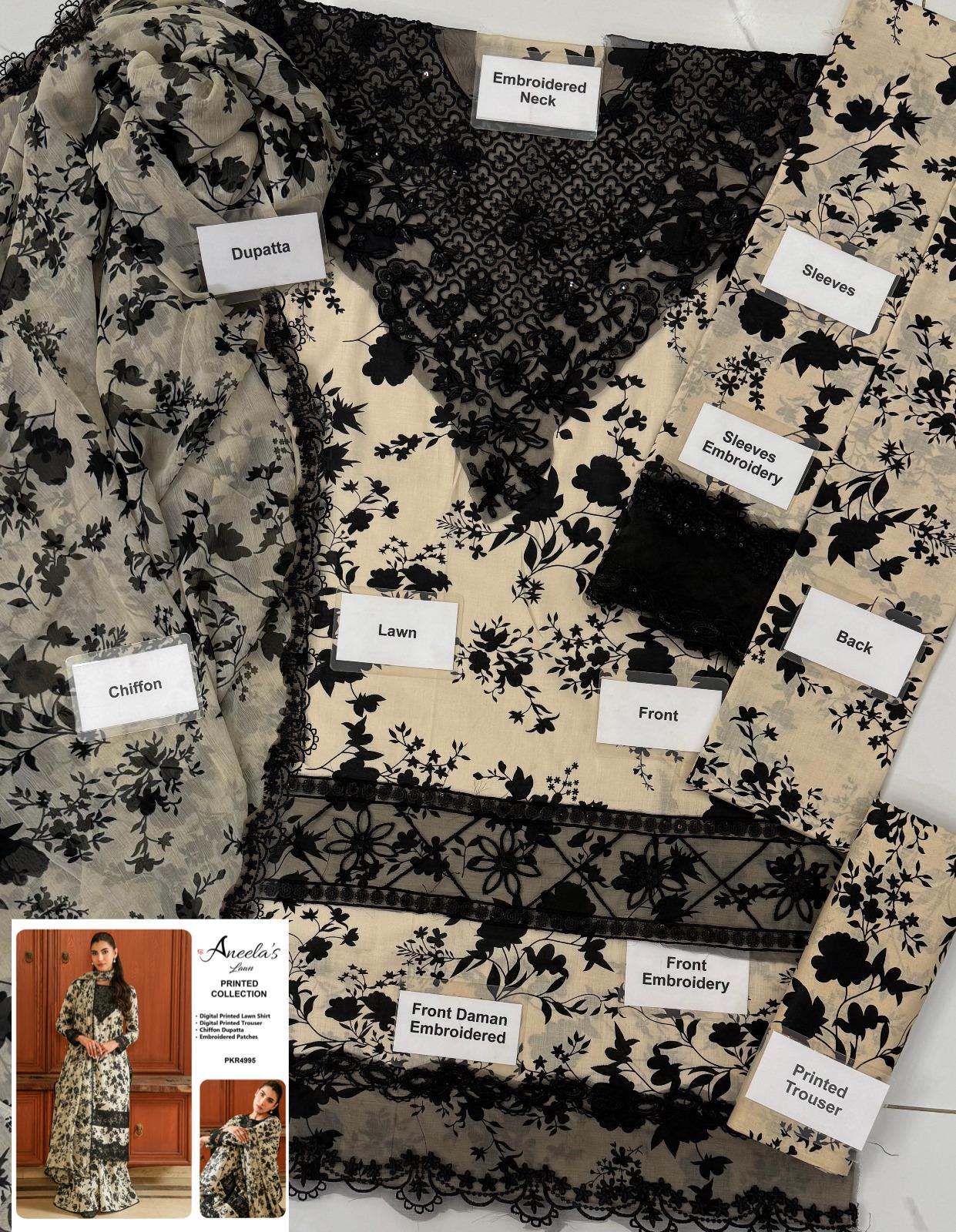 Aneela's Off-White & Black Floral Lawn Collection
