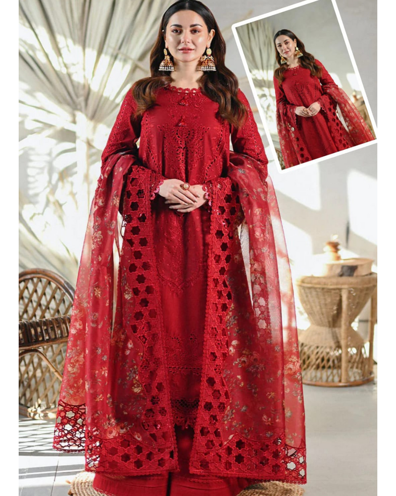 Qalamkaar Red Unstitched Chickenkari 3-Piece Luxury Lawn Suit